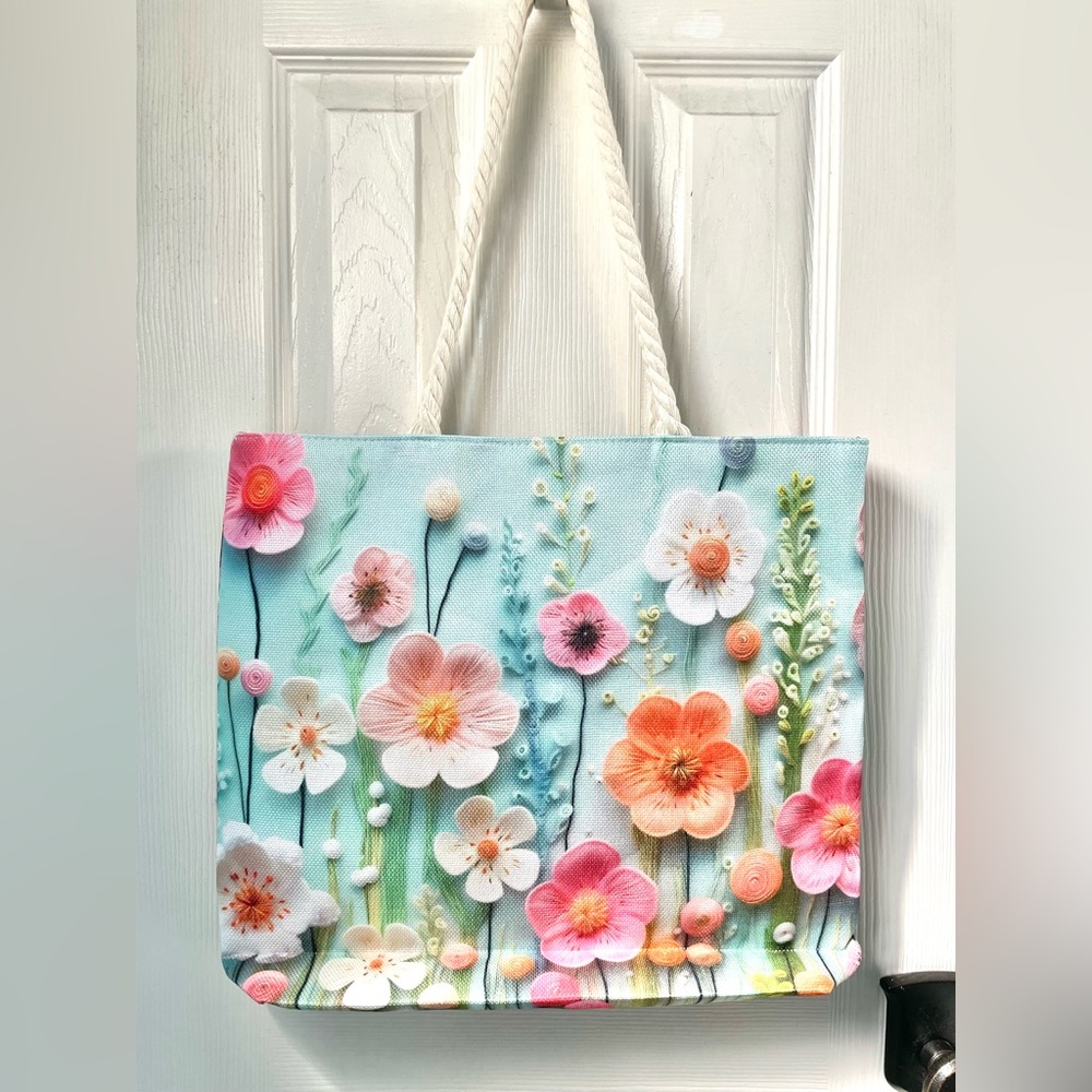 NEW Floral Embroidered Tote Bag - Blue with Pink & Peach Flowers